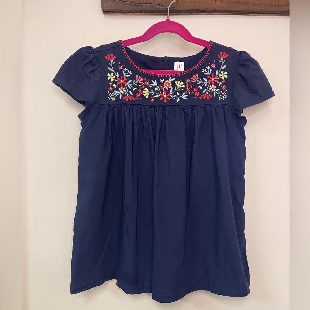 Gap Kids: Girls Floral Embroidered Navy Babydoll Blouse, Size XXL